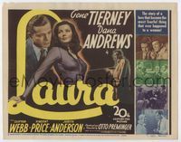 3b133 LAURA TC '44 great image of Dana Andrews lusting after sexy Gene Tierney, Otto Preminger