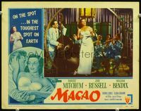 3b479 MACAO lobby card #7 '52 Jane Russell in sexiest low-cut dress sings with Asian band on stage!