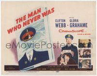 3b152 MAN WHO NEVER WAS title lobby card '56 cool book cover art of military officer with no face!