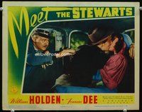 3b493 MEET THE STEWARTS lobby card '42 cabbie tries to stop William Holden from kissing Frances Dee!
