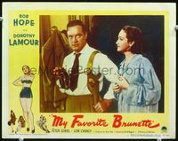 3b506 MY FAVORITE BRUNETTE LC #2 '47 close up of Bob Hope w/gun in holster & pretty Dorothy Lamour!