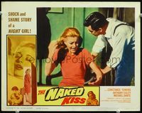 3b509 NAKED KISS lobby card #3 '64 Sam Fuller, close image of hysterical bad girl Constance Towers!