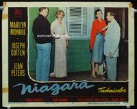 3b512 NIAGARA movie lobby card #3 '53 Marilyn Monroe in sexy nightgown with Jean Peters!