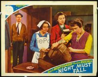 3b513 NIGHT MUST FALL LC '37 Robert Montgomery walks in on Rosalind Russell trying to open his box!
