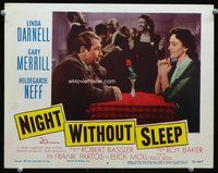 3b516 NIGHT WITHOUT SLEEP lobby card #8 '52 Linda Darnell & Gary Merrill at table in nightclub!