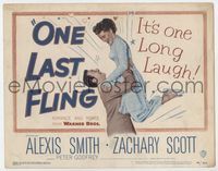 3b172 ONE LAST FLING title card '49 laughing Zachary Scott hoists beautiful Alexis Smith in the air!