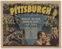 3b178 PITTSBURGH title movie lobby card '42 John Wayne, Marlene Dietrich, Randolph Scott, cool art!