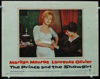 3b546 PRINCE & THE SHOWGIRL LC #3 '57 great c/u of sexiest Marilyn Monroe getting dress adjusted!