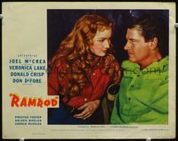3b554 RAMROD movie lobby card #3 '47 best close up of Joel McCrea staring at sexiest Veronica Lake!