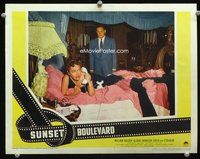 3b630 SUNSET BOULEVARD lobby card #4 '50 Wiliam Holden watches crazy Gloria Swanson on phone in bed!