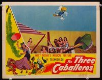 3b645 THREE CABALLEROS lobby card '44 great cartoon image of Donald Duck flying in air off see-saw!