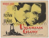 3b227 UNCERTAIN GLORY title card '44 cool close up art of Errol Flynn & Paul Lukas by guillotine!