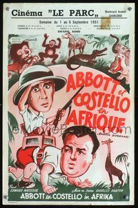 3c487 AFRICA SCREAMS Belgian '49 wacky Wik art of Bud Abbott riding Lou Costello + jungle animals!