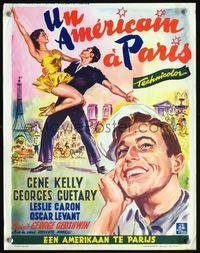 3c493 AMERICAN IN PARIS Belgian '51 wonderful Wik artwork of Gene Kelly dancing with Leslie Caron!