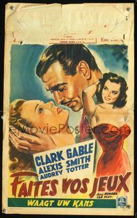 3c496 ANY NUMBER CAN PLAY Belgian poster '49 art of Clark Gable w/Alexis Smith & sexy Audrey Totter!
