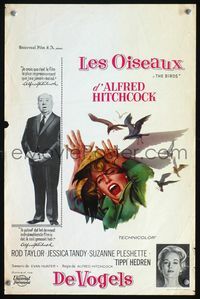 3c512 BIRDS Belgian movie poster '63 Alfred Hitchcock shown, art of Tippi Hedren attacked by birds!