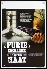 3c535 CHAINED HEAT Belgian movie poster '83 art of sexy bad girl behind bars & close up of shotgun!