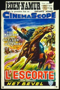 3c547 COMMAND Belgian poster '54 cool art of Guy Madison on horse by sexy Joan Weldon + wagon train!