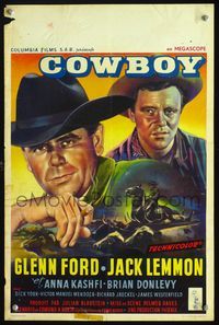 3c550 COWBOY Belgian movie poster '58 great close-up artwork of cowboys Glenn Ford & Jack Lemmon!