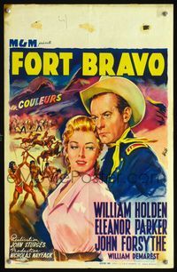 3c573 ESCAPE FROM FORT BRAVO Belgian '53 great Wik art of William Holden & sexy Eleanor Parker!