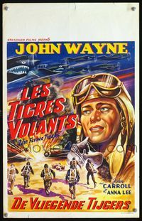 3c586 FLYING TIGERS Belgian poster R50s really cool art of fighter pilot John Wayne, WWII airplanes!