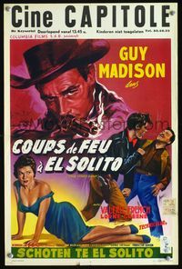 3c610 HARD MAN Belgian poster '57 cool art of cowboy Guy Madison w/smoking gun, sexy Valerie French!