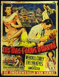 3c613 HELL'S HALF ACRE Belgian poster '54 art of sexy Evelyn Keyes & Elsa Lanchester in Hawaii!