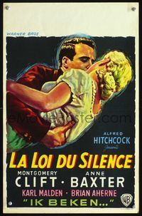 3c624 I CONFESS Belgian poster '53 Alfred Hitchcock, art of Montgomery Clift kissing Anne Baxter!