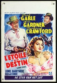 3c656 LONE STAR Belgian poster '51 great Wik art of cowboy Clark Gable w/revolver, sexy Ava Gardner!