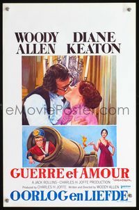 3c659 LOVE & DEATH Belgian '75 Woody Allen & Diane Keaton romantic kiss, wacky cannon artwork!