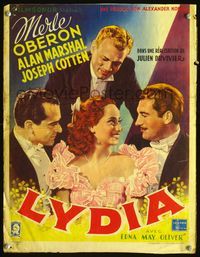 3c663 LYDIA Belgian poster '40s great artwork of pretty Merle Oberon with suitors Cotton & Marshal!
