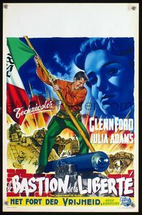 3c670 MAN FROM THE ALAMO Belgian poster '53 great artwork of Glenn Ford w/flag & Julia Adams by Bos!