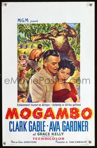 3c680 MOGAMBO Belgian poster '53 cool art of Clark Gable, Grace Kelly & sexy Ava Gardner in Africa!