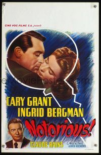 3c697 NOTORIOUS Belgian poster R50s great close-up art of romantic Cary Grant with Ingrid Bergman!