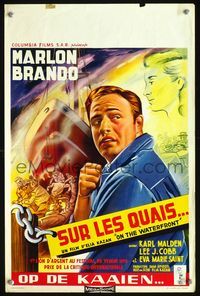 3c700 ON THE WATERFRONT Belgian poster '54 cool close-up artwork of tough dockworker Marlon Brando!