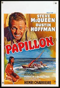 3c703 PAPILLON Belgian movie poster '73 great different art of Steve McQueen & naked native girl!
