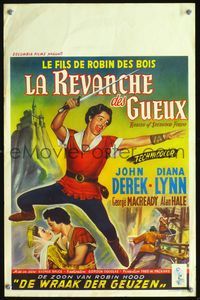 3c739 ROGUES OF SHERWOOD FOREST Belgian poster '50 great art of John Derek w/sword as Robin Hood!