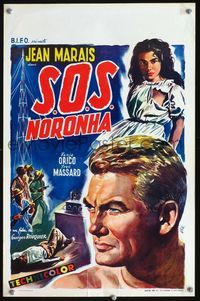 3c743 S.O.S. NORONHA Belgian movie poster '57 great Wik art of rugged Jean Marais, sexy Vanja Orico!