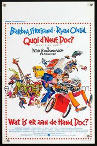 3c795 WHAT'S UP DOC Belgian '72 Peter Bogdanovich, wacky artwork of Barbra Streisand & Ryan O'Neal!