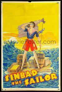 3c123 SINBAD THE SAILOR English double crown '30s stone litho of sexy female Sinbad on raft at sea!