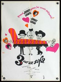 3c130 3 ON A COUCH French 23x32 poster '66 wacky art of Jerry Lewis & sexy Janet Leigh by Siry!