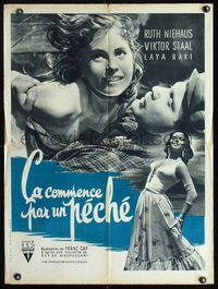 3c136 BEGINNING WAS SIN French 23x32 poster '54 great romantic close up of stars + sexy gypsy babe!