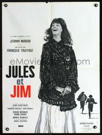 3c179 JULES & JIM French 23x32 '61 Francois Truffaut, art of laughing Jeanne Moreau by C. Broutin!
