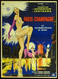 3c205 PARIS-CHAMPAGNE French 23x32 '62 art of barely-dressed sexy Moulin Rouge dancers by Sinclare!