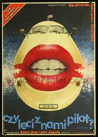 3c254 AIRPLANE Polish 26x38 '80 wild Witold Dybowski art of airplane with lips & rear view mirrors!