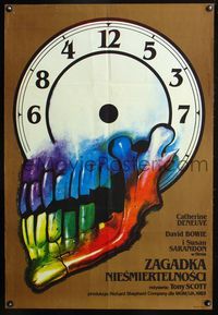 3c325 HUNGER Polish 26x38 poster '84 wild art of rainbow teeth & strange clock by Wieslaw Walkuski!