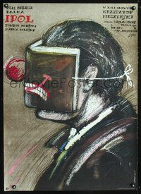 3c330 IDOL Polish 26x38 poster '84 great Andrzej Pagowski art of man wearing a clown-like book mask!