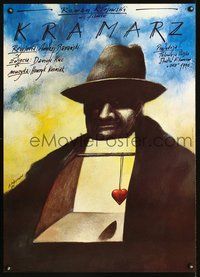 3c344 KRAMARZ Polish 26x38 '90 great surreal Andrzej Pagowski art of man with heart on a string!