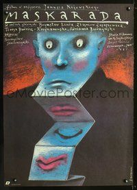 3c364 MASKARADA Polish 26x38 '87 wacky Andrzej Pagowski art of blue man w/many folding mouths!