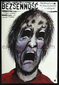 3c376 NIGHT WATCH Polish 26x38 poster '89 wild Andrzej Pagowski art of man w/many screaming faces!